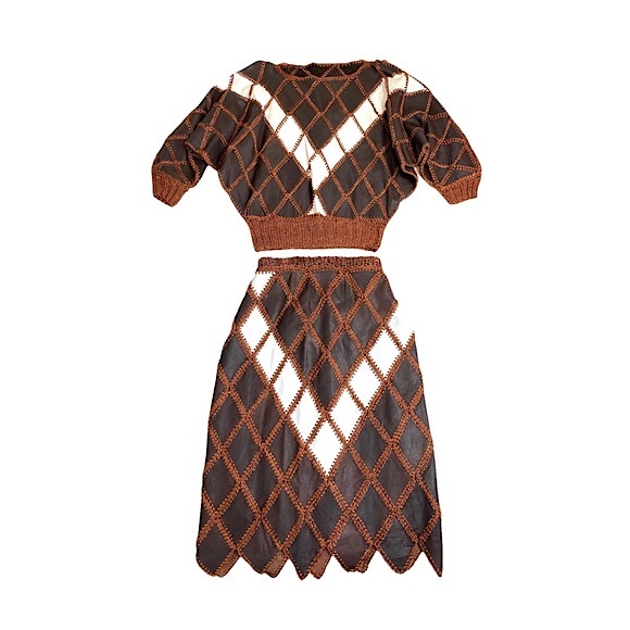 Vintage Dresses & Skirts - Vintage 80s Leather Crochet Patchwork Pencil Skirt Set Crop Dolman Sleeve Top L